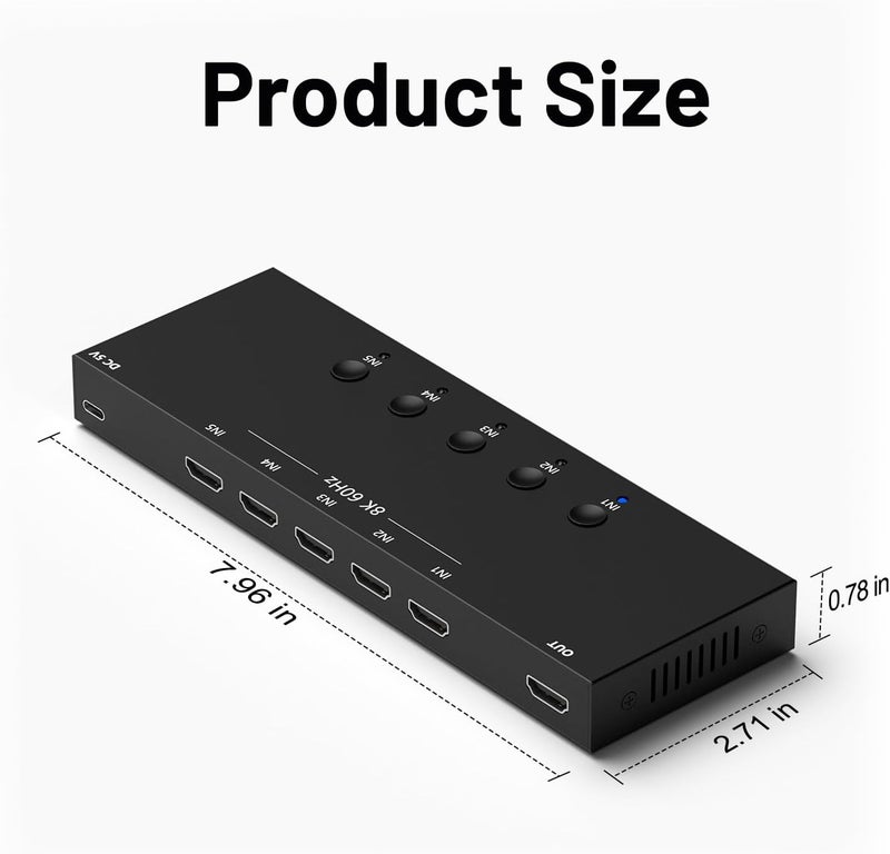 Arector 8K 5 in to 1 Out HDMI Switcher，5 Way HDMI Converter & Infrared Remote Control - Ideal for Nintendo Switch/OLED/Xbox PS5/4/3 Blu-Ray Player Fire TV Stick Roku Apple TV Chromecast PC - Image 2